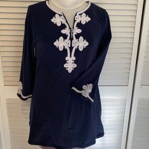 Jones New York Signature Navy Blue embroidered brocade Tunic Tshirt